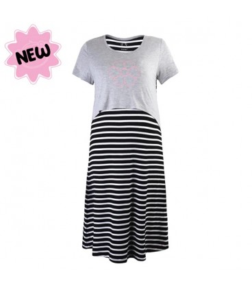 DooDooMooky Maternity & Nursing Dress Grey Top with Black Striped Dress (XL)